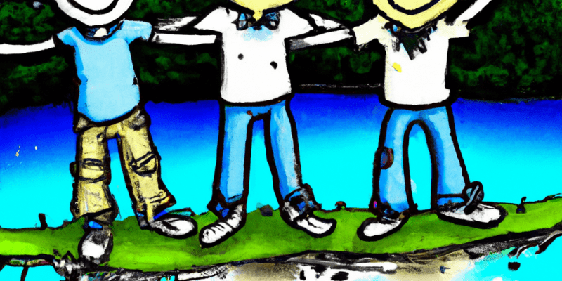 A group of friends standing triumphantly in front of a shimmering pond, with the Water Sprite in the background, looking mischievous.