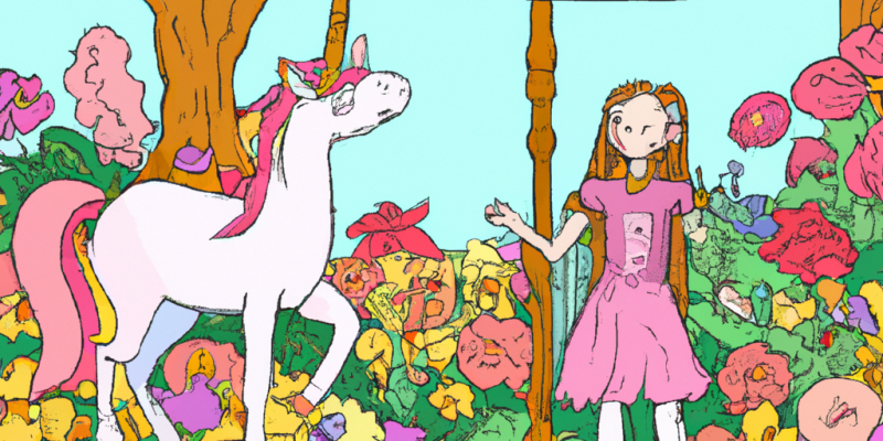 A young girl holding a map in one hand and a unicorn and a squirrel by her side, standing in front of a hidden garden filled with vibrant flowers.