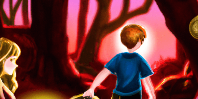 A young girl and a boy walking hand in hand through a mystical forest, with the glow of a treasure chest visible in the distance.