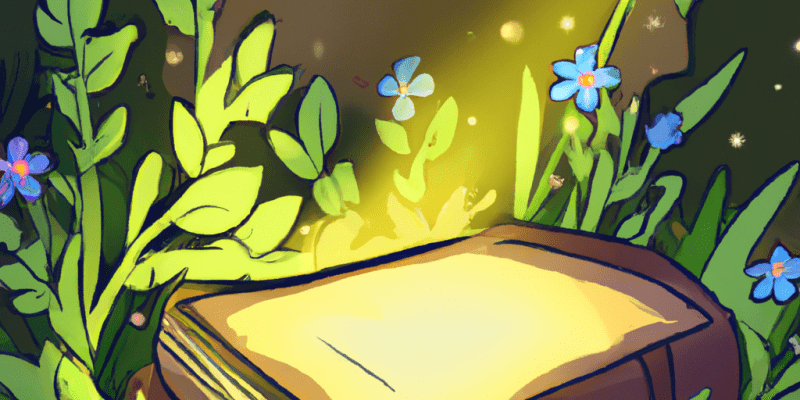 An old, mysterious book glowing with a magical light lying in the grass, surrounded by wildflowers.