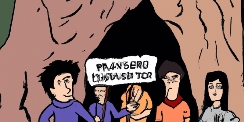 A group of friends standing in front of a mysterious cave, holding a map and looking determined.