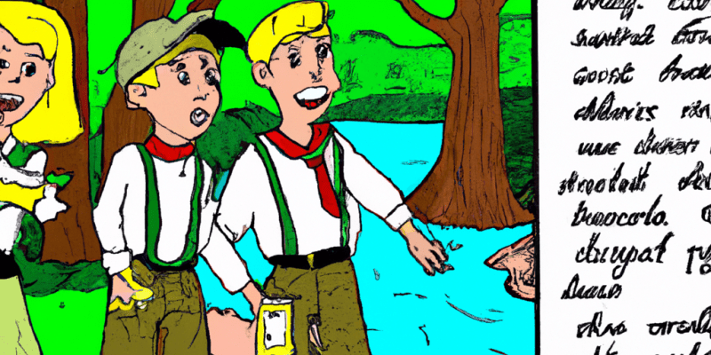 [Image prompt: A lush green forest with a sparkling river running through it, and three friends standing together with a map and compass, ready to embark on an adventure.]