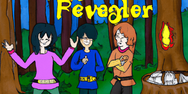 [Image prompt: A group of three friends standing together in a magical forest, with a mysterious riddle and a treasure chest in the background.]