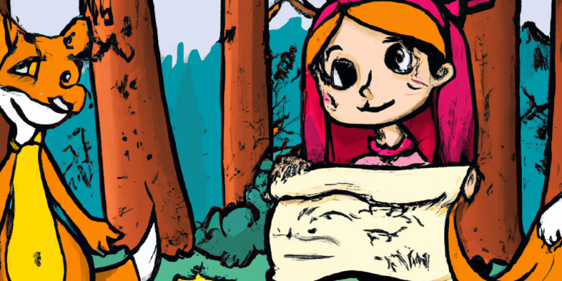 A young girl and a mischievous fox standing in front of a magical forest, holding a treasure map and looking determined.