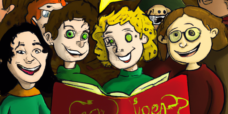 A group of friends standing in front of a magical, ancient-looking book, with a mischievous imp lurking in the background.