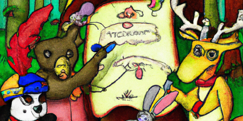 [Image prompt: A group of woodland animals gathered around a colorful, ancient-looking map, with a sense of excitement and determination on their faces as they prepare to embark on a daring adventure into the Enchanted Forest.]