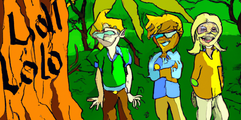 A group of friends standing in front of a mysterious map hidden in a hollow tree, with the sun shining through the leaves and casting dappled light on the ground.