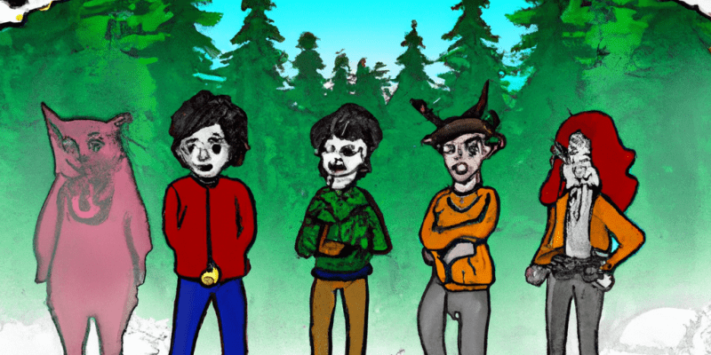 A group of friends standing in front of a mysterious map, with the enchanted forest in the background.