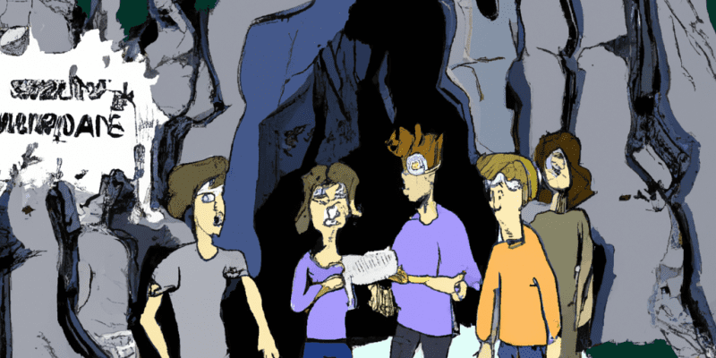 A group of friends standing in front of a mysterious cave, holding a map and looking excitedly at the entrance.