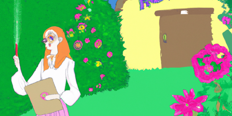 A young girl standing in a vibrant, blooming garden, holding a mysterious letter in her hand, with a wizard's cottage in the background.