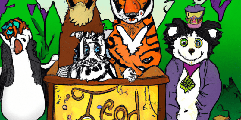 A group of animals with unique combined names standing together in front of a magical chest, surrounded by the Enchanted Forest.