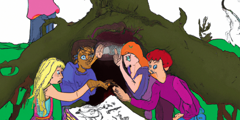 A group of friends discovering a mysterious old book hidden in the hollow of a tree in a magical meadow.