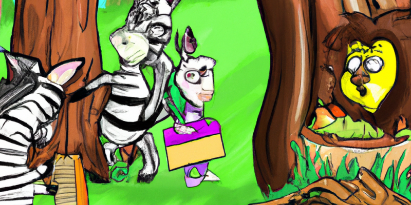 [Image prompt: A group of colorful characters - a zebra, a rabbit, an owl, and a lion - searching for a missing picnic basket in the Enchanted Forest.]