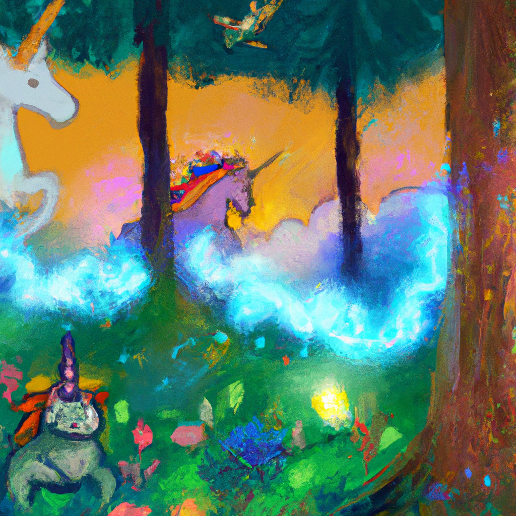 [ A misty forest with colorful fairy lights, a small gnome peeking out from behind a tree, a majestic unicorn grazing in a clearing, and a dragon soaring through the sky.]