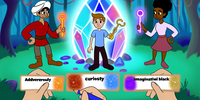 [Image prompt: A group of four friends standing in front of a glowing, magical crystal in a lush, enchanted forest. Each friend represents a different quality - bravery, curiosity, kindness, and imagination - and they are holding the enchanted keys.]