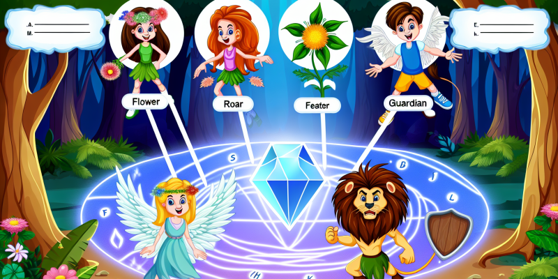 [Image prompt: A group of friends standing in front of a glowing crystal in a magical forest, each one displaying a characteristic related to their name (e.g., Lily surrounded by flowers, Leo with a lion's mane, Ava with wings, and Finn holding a shield).]