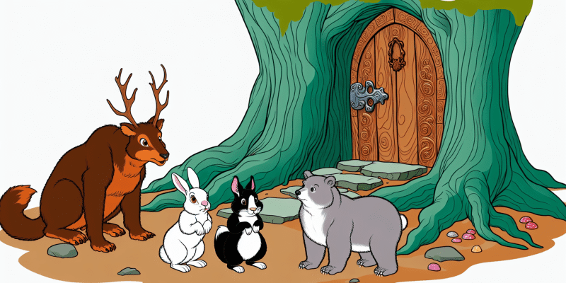 [ A group of woodland animals standing in front of a mysterious old tree with an enchanted door, looking curious and ready for adventure.]