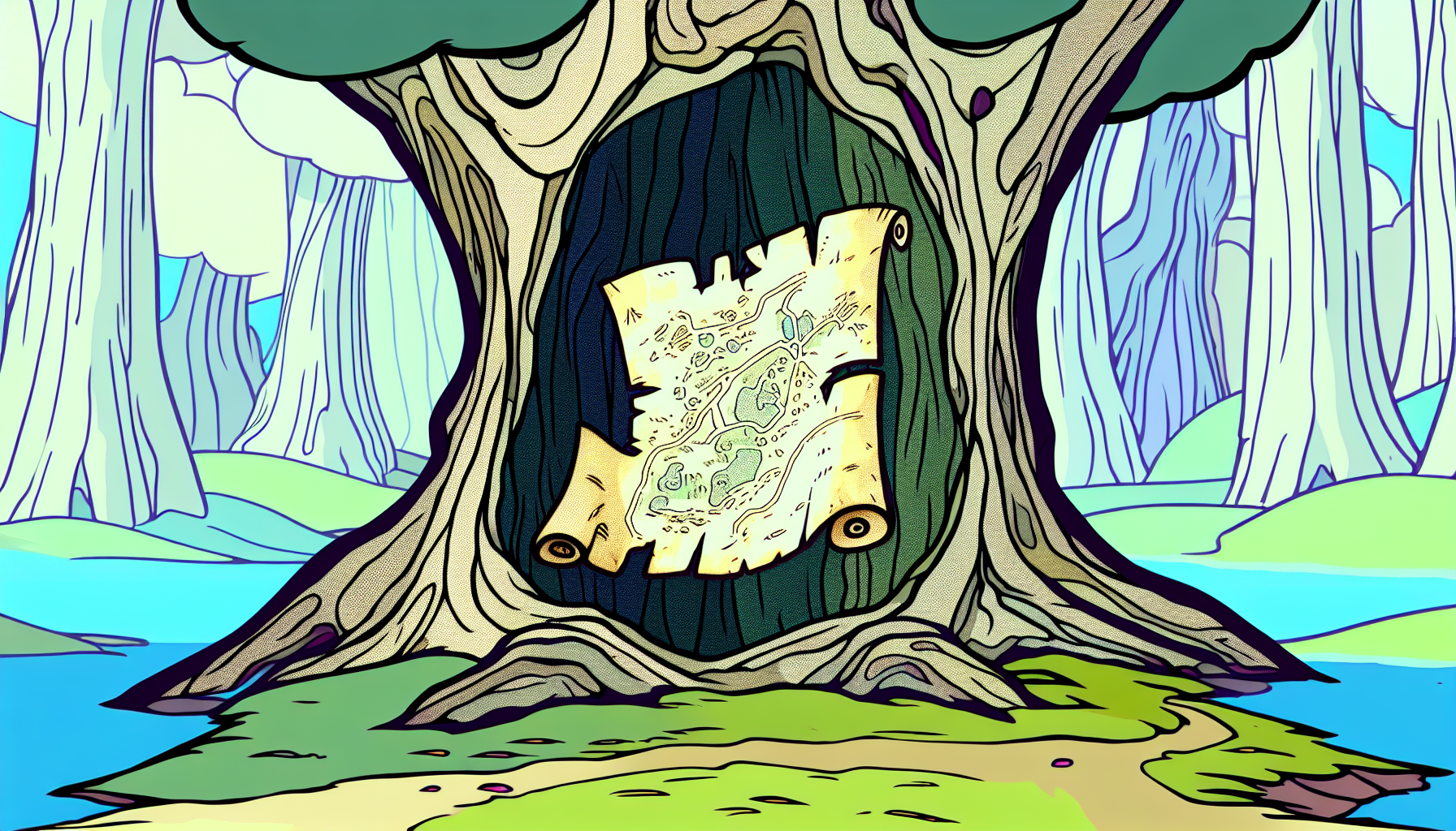 An old, faded map hidden in the hollow of an ancient tree in the Enchanted Forest.