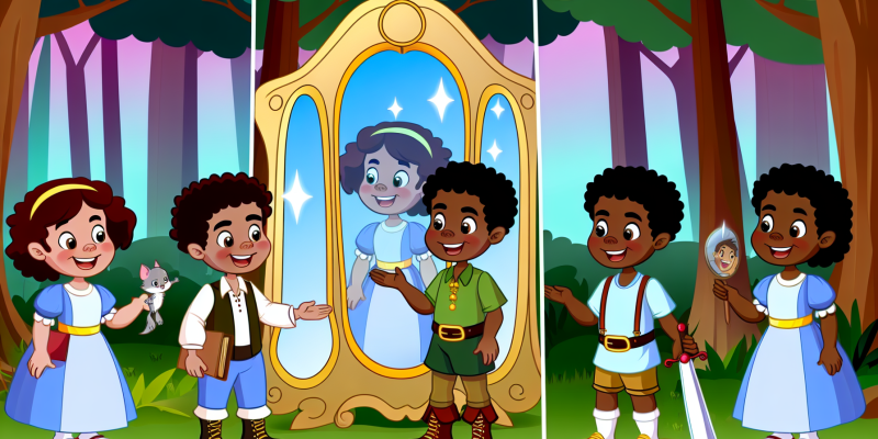 A group of four children standing in front of a magical mirror in the enchanted forest, each displaying a different characteristic - kindness, bravery, cleverness, and joy.