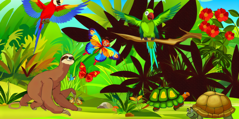 [Image prompt: A lush, green jungle with a sloth and a colorful parrot setting off on an adventure, surrounded by other jungle animals like monkeys, butterflies, and a wise old tortoise.]