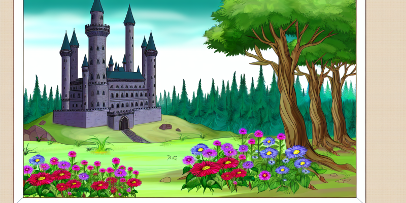 [Image prompt: A grand castle standing tall and majestic in the Enchanted Forest, surrounded by colorful flowers and towering trees.]