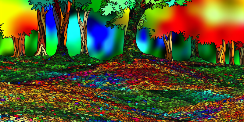 A colorful, enchanted forest with a mysterious old map hidden beneath a pile of colorful leaves.