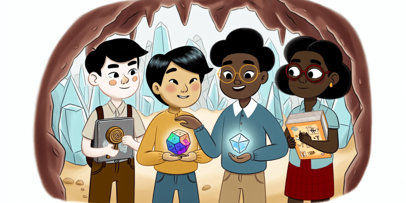 A group of friends standing at the entrance of a sparkling crystal cave, with each friend showcasing a different quality - bravery, cleverness, kindness, and wisdom.