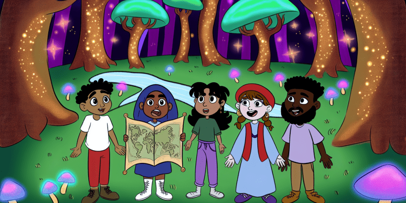 A group of friends standing in front of a mysterious map, surrounded by a magical forest, with a sense of wonder and excitement on their faces.