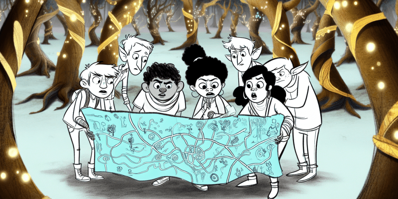 A group of friends standing in front of a mysterious map, with the enchanted forest in the background.