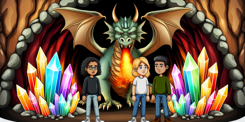 A group of three friends standing at the entrance of a mystical cave, with a fierce dragon guarding the entrance and colorful crystals glowing inside.