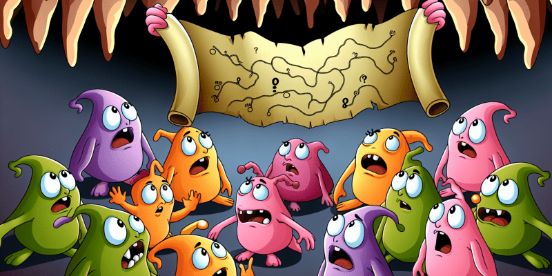 A group of colorful, adorable creatures standing in front of a mysterious cave, holding a treasure map and looking excited.