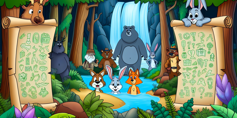 A group of animal friends discovering a mysterious map hidden behind a waterfall in the enchanted forest.