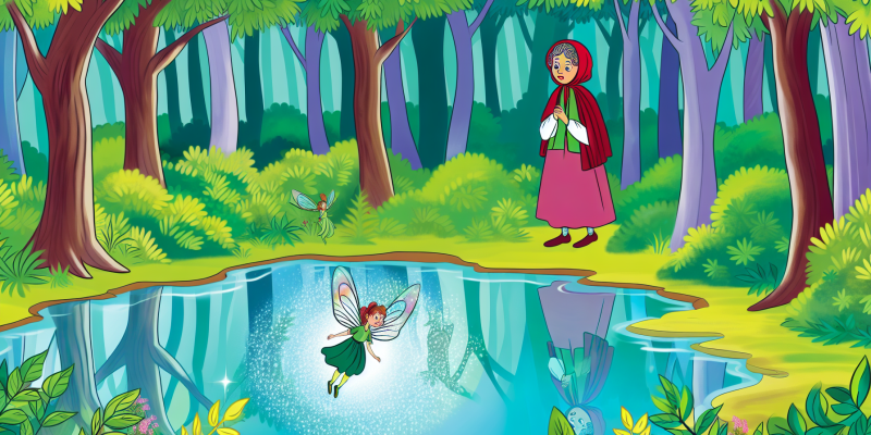 A young girl standing in a mystical forest, gazing at a shimmering pond with a tiny fairy hovering above the water.