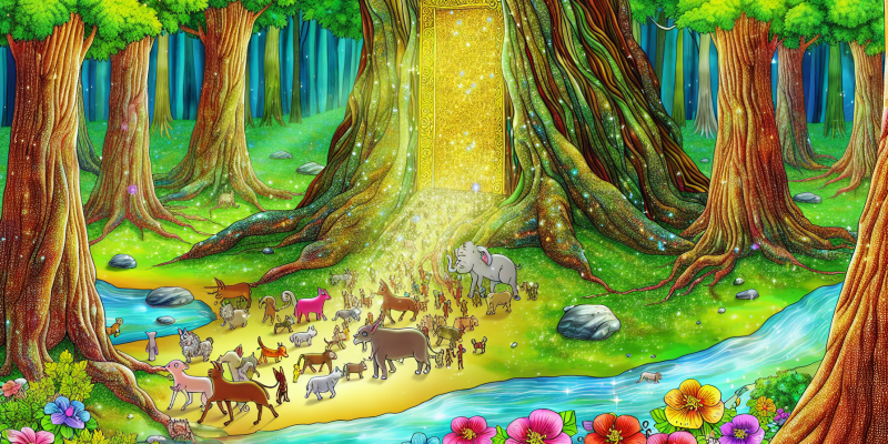 [Image prompt: A group of animals standing in front of a sparkling golden door in a magical forest clearing, with colorful flowers and sparkling streams around them.]