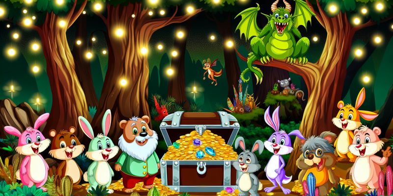 A group of animal friends standing in front of a shimmering treasure chest in the Enchanted Forest, with a wise old dragon watching over them from a distance.