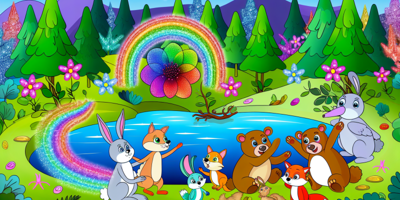 A group of animal friends standing in front of a sparkling pond in the Enchanted Forest, with a rainbow flower in the background.