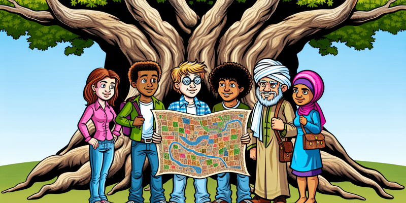 A group of friends standing in front of an old oak tree, looking at a mysterious map with cryptic symbols and intricate patterns.