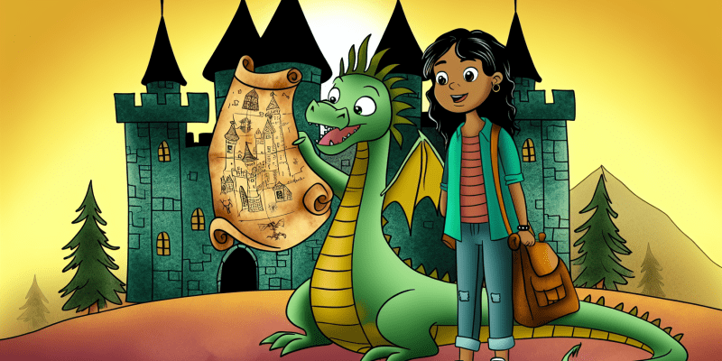 A young girl holding a mysterious map, standing next to a friendly dragon, with a majestic castle in the background.