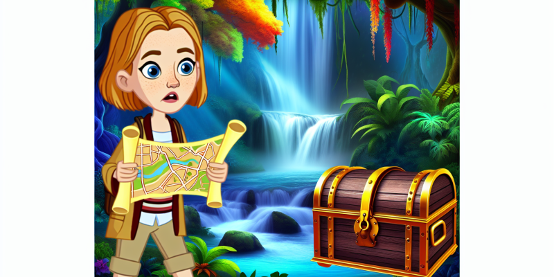 A young girl with a map in one hand and a determined expression on her face, standing in front of a waterfall in a magical forest, with a mysterious chest at her feet.