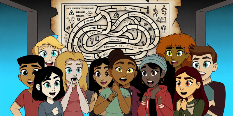 A group of friends standing in front of a mysterious map, with a sense of excitement and adventure in their eyes.