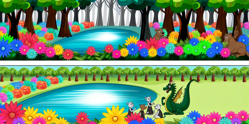 [Image: A lush, vibrant forest with a sparkling lake in the center, surrounded by colorful flowers and talking animals. In the distance, a dragon guards a beautiful, glowing flower.]