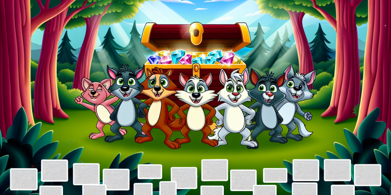 A group of animal friends standing in front of a mysterious chest in a beautiful clearing in the Enchanted Forest, with the sunlight streaming through the trees and sparkling crystals inside the chest.