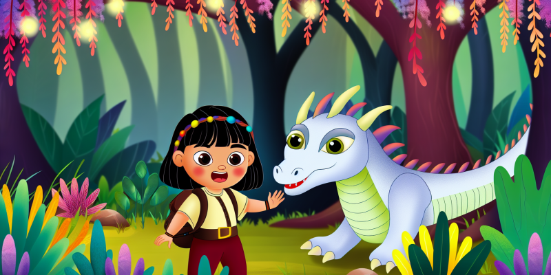 A young girl walking through a magical forest, holding hands with a friendly dragon.