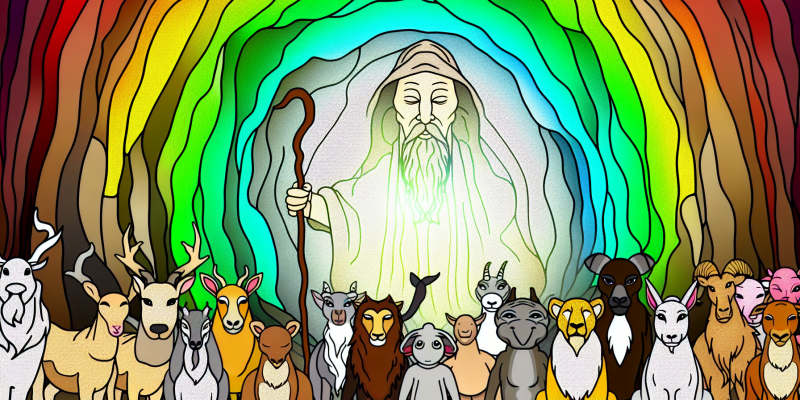 A group of animals standing at the entrance of a glowing, mysterious cave, with a wise old dragon watching over them.