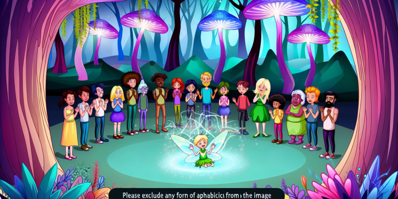 A group of friends standing in a clearing in the Enchanted Forest, surrounded by colorful flowers and a tiny fairy trapped in a spider's web.