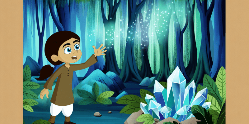 A young girl reaching out to touch a glowing crystal hidden deep within an enchanted forest.