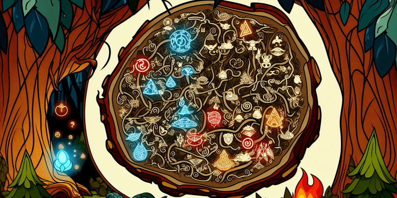 A map with intricate symbols and riddles, hidden in a hollow tree in the Enchanted Forest.