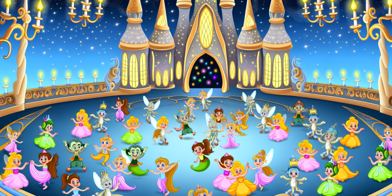 [ A grand masquerade ball at the Enchanted Palace, with magical creatures dancing and celebrating under a starry sky.]