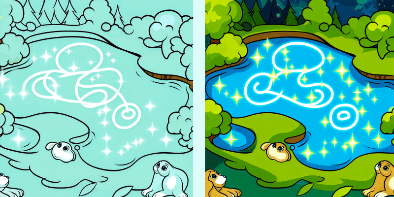 [Image prompt: A sparkling pond in an enchanted forest, with the reflections of the animal friends' names shimmering on the water's surface, each name split into two parts.]