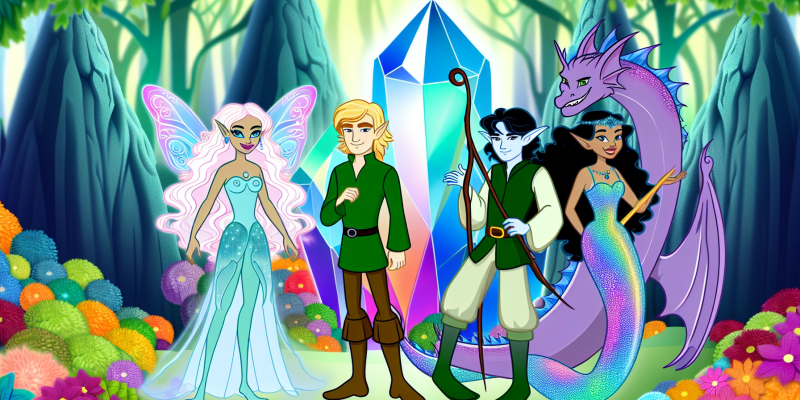 [Image prompt: A group of friends, including a fairy, an elf, a mermaid, and a dragon, standing together in a magical forest, with the Crystal of Light glowing in the background.]